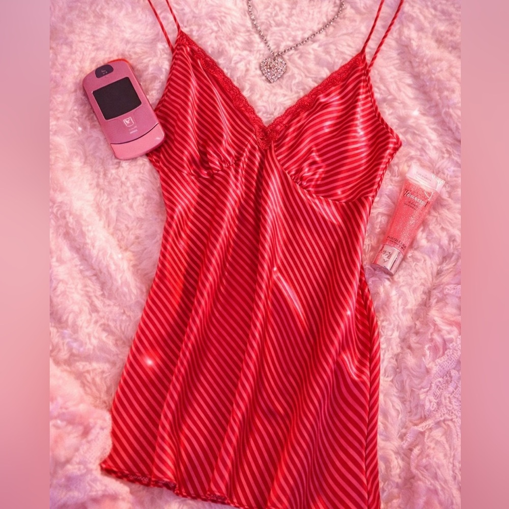 Y2K Red Satin Slip Dress Lace Trim Lingerie Core Mini Striped 2000s romantic M - Picture 5 of 5